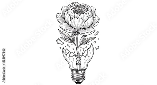 Blooming Idea: A Peony Emerging from a Broken Lightbulb