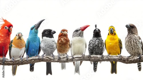 A vibrant lineup of colorful birds perched on a branch against a white background, showcasing diversity