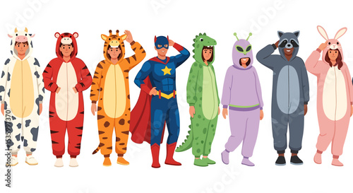 Group of People in Animal and Superhero Costumes Posing Together