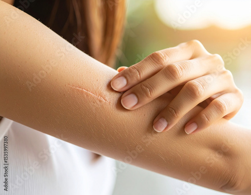 Healing Scars A Woman Gently Touches a Long Scar on Her Arm, Showing the Process of Skin Regeneration and Recovery from Injury or Surgery