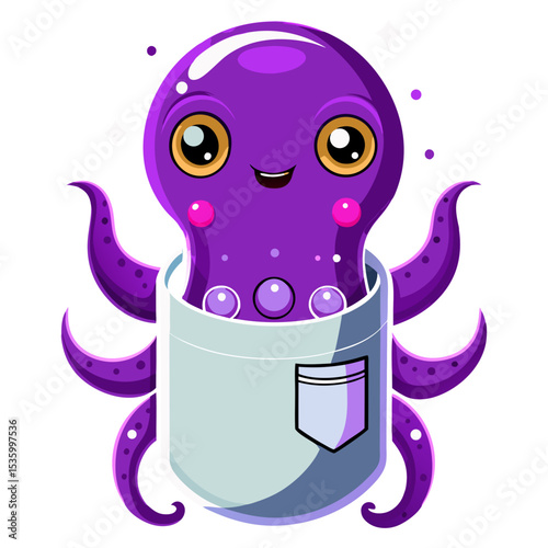 Adorable purple cartoon octopus with big eyes and a happy smile, peeking out from a white pocket, radiating cuteness and playfulness.