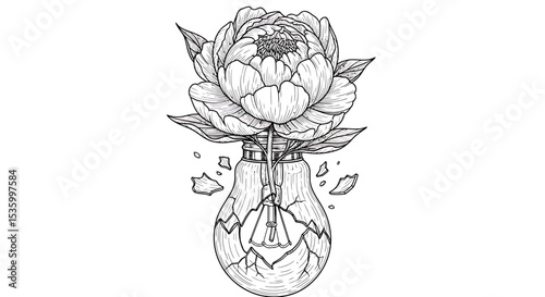 A Broken Lightbulb Holds a Blooming Peony