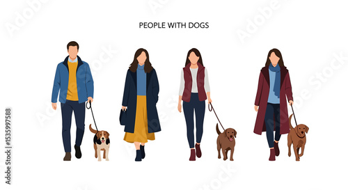 People walking dogs: Diverse group of owners and pets