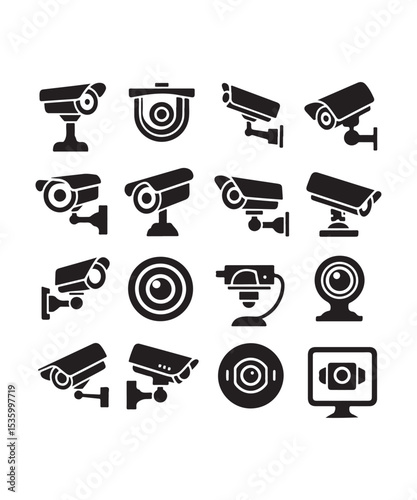 cctv icons, surveillance camera icons set silhouette vector on white background.