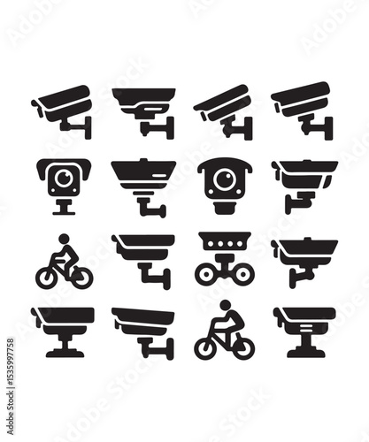 cctv icons, surveillance camera icons set silhouette vector on white background.
