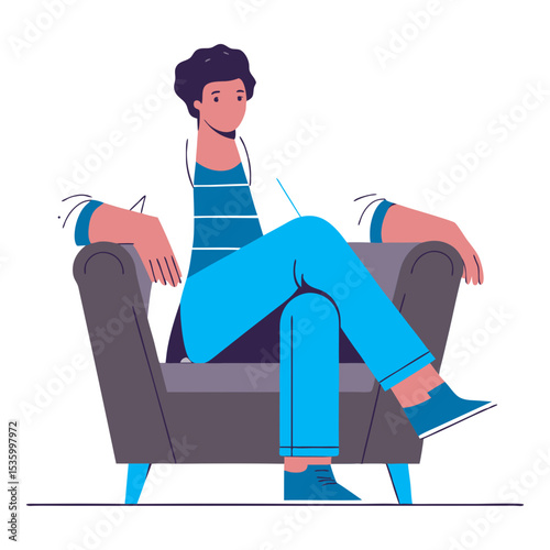 Minimalist illustration of a person casually sitting in an armchair, looking to the side, symbolizing relaxation, contemplation, or a break.