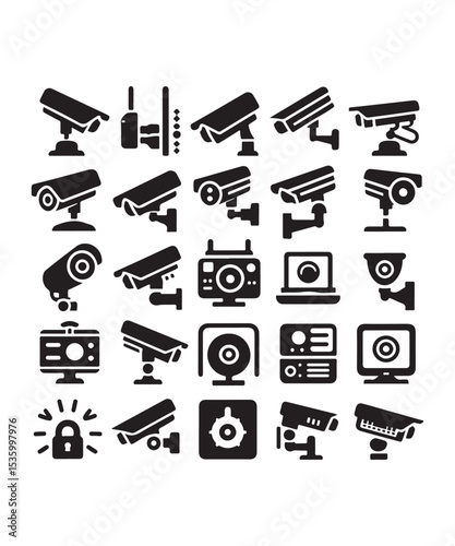 cctv icons, surveillance camera icons set silhouette vector on white background.