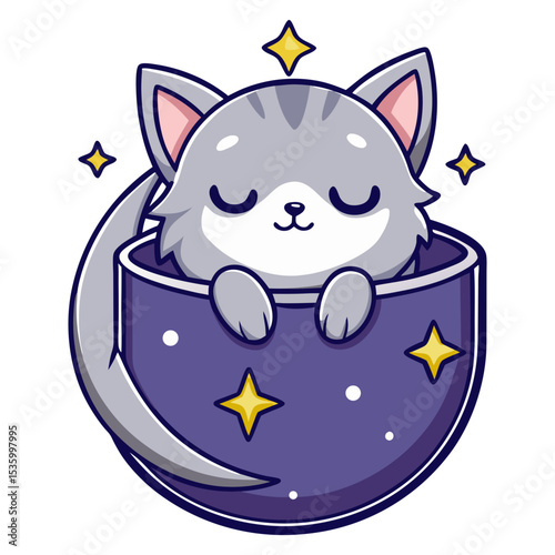 Adorable gray cartoon cat with closed eyes peacefully sleeping curled up inside a purple mug with stars and sparkling accents.