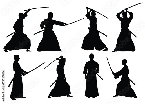 Silhouette Set of Samurai Practicing with Katana in Various Martial Arts Poses and Stances