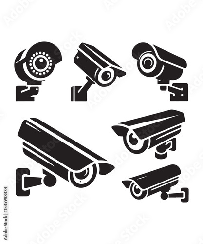 cctv icons, surveillance camera icons set silhouette vector on white background.