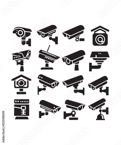 cctv icons, surveillance camera icons set silhouette vector on white background.