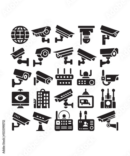 cctv icons, surveillance camera icons set silhouette vector on white background.