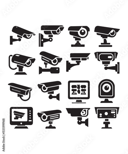 cctv icons, surveillance camera icons set silhouette vector on white background.