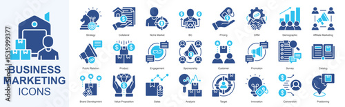 Business Marketing icon set vecvtor Solid Color Style strategy, collateral, niche market, b2c, pricing, crm, demographic, affiliate marketing, public relation, product, engagement, sponsorship