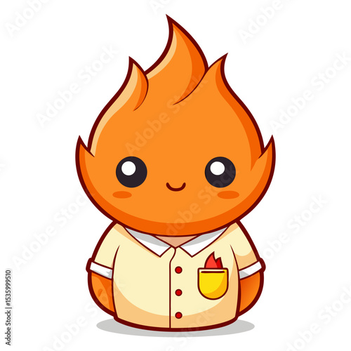 
A friendly, cute fire character wearing a beige shirt with a small flame in its pocket, smiling cheerfully, embodying warmth and helpfulness.