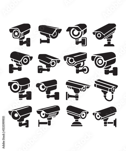 cctv icons, surveillance camera icons set silhouette vector on white background.