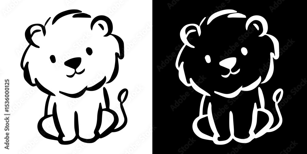 Obraz premium Lion animal doodle silhouette isolated on white and black background, vector hand drawn childish cute cartoon scribble 