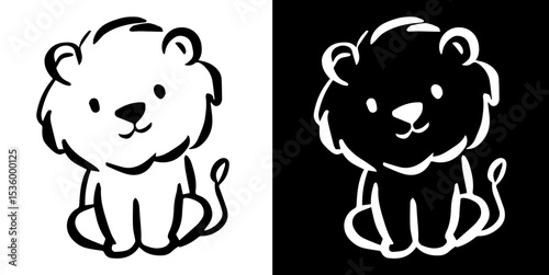 Lion animal doodle silhouette isolated on white and black background, vector hand drawn childish cute cartoon scribble 