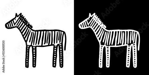 Zebra animal doodle silhouette isolated on white and black background, vector hand drawn childish cute cartoon scribble 