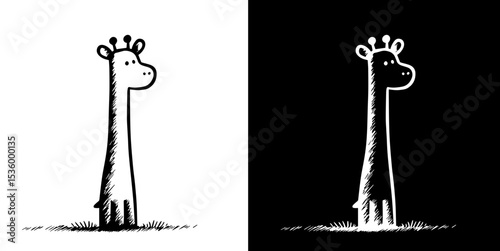 Giraffe animal doodle silhouette isolated on white and black background, vector hand drawn childish cute cartoon scribble 