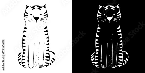 Tiger animal doodle silhouette isolated on white and black background, vector hand drawn childish cute cartoon scribble 