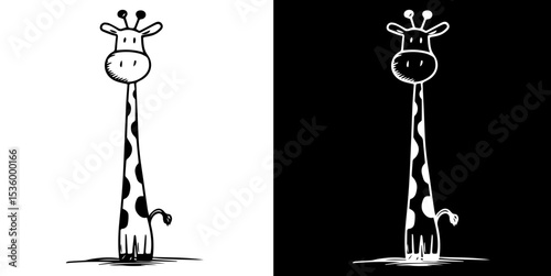 Giraffe animal doodle silhouette isolated on white and black background, vector hand drawn childish cute cartoon scribble 