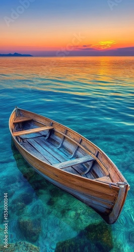 Tranquil wooden rowboat on glassy turquoise water at sunset (1)