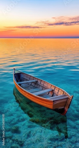 Tranquil wooden boat floats on glassy turquoise water at sunset