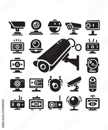 cctv icons, surveillance camera icons set silhouette vector on white background.
