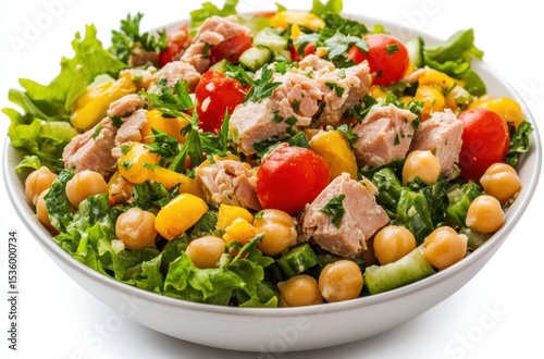 Fresh and easy low-calorie salad with chickpeas and tuna, clean white