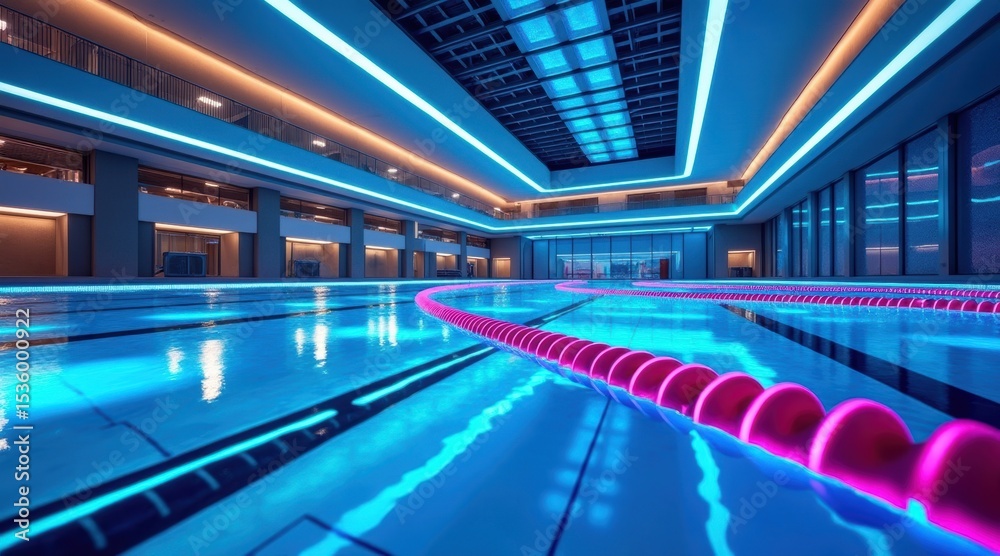 Naklejka premium Indoor swimming pool with illuminated lanes, modern architecture, and vibrant blue lighting creating a futuristic and inviting atmosphere.