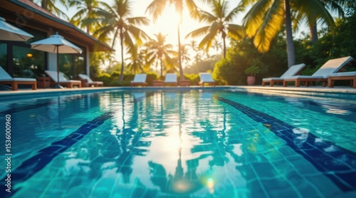 Wallpaper Mural A tranquil swimming pool at sunset surrounded by palm trees and lounge chairs, creating a serene tropical vacation atmosphere. Torontodigital.ca