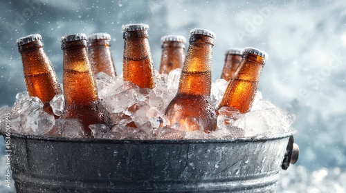 Refreshing Brown Beer Bottles in Ice Bucket Cold Drinks Summer Party Celebration Festive Cool Beverage Alcohol Ice Cubes Metal Bucket Frozen Refreshment Tasty Thirst Quencher bar  