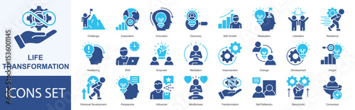 Life Transformation icon set vector Solid Color Style challenge, exploration, innovation, discovery, self growth, realization, liberation, resilience, awakening, shift, empower
