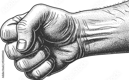 Illustration of a hand with clenched fist in vintage stipple engraving style isolated on transparent background
