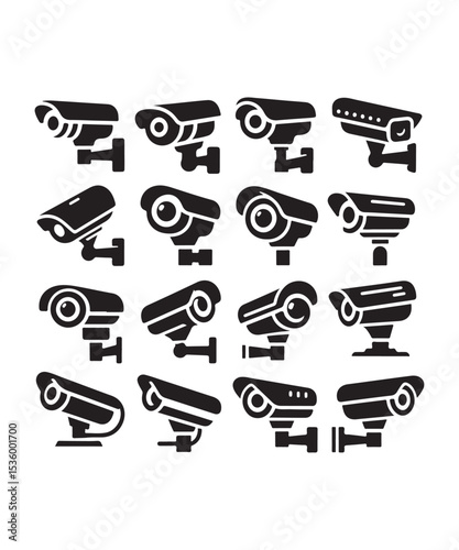 cctv icons, surveillance camera icons set silhouette vector on white background.