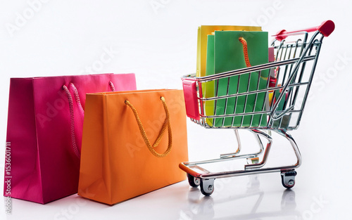 bolsas y paquetes junto a un carro carrito chango de compras, venta online, promociones, supermercado, marketing photo