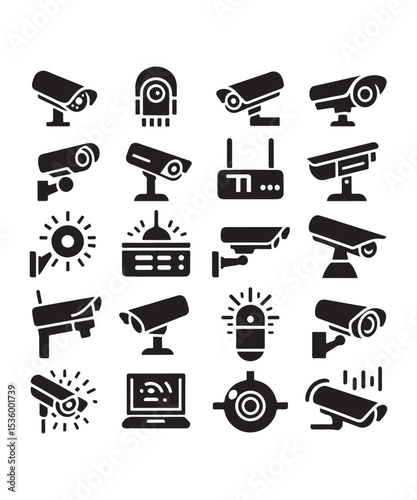 cctv icons, surveillance camera icons set silhouette vector on white background.