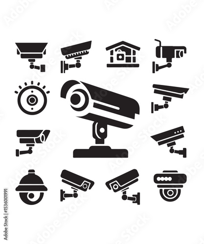 cctv icons, surveillance camera icons set silhouette vector on white background.