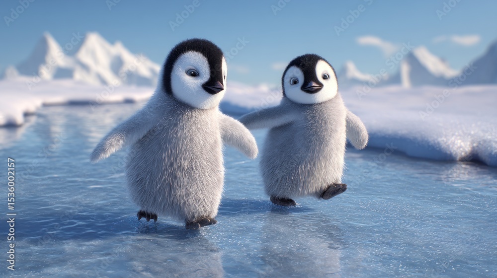 Fototapeta premium Two adorable baby penguins on frozen river