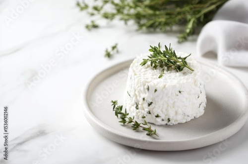 Healthy low-calorie protein-rich meal: cottage cheese with fresh herbs, bright
