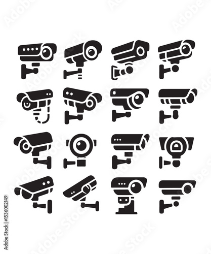cctv icons, surveillance camera icons set silhouette vector on white background.