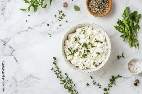 Healthy low-calorie protein-rich meal: cottage cheese with fresh herbs, bright