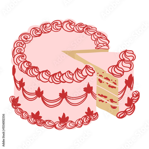 Whimsical cake with slice. Vintage sweet tasty pink, red color cream decoration. Trendy retro coquette food. Hand drawn isolated vector illustration. Party birthday, anniversary, celebration design