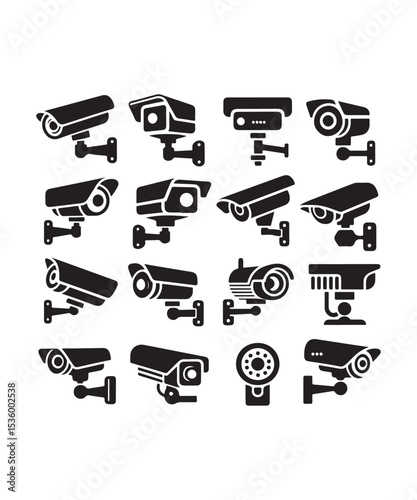 cctv icons, surveillance camera icons set silhouette vector on white background.