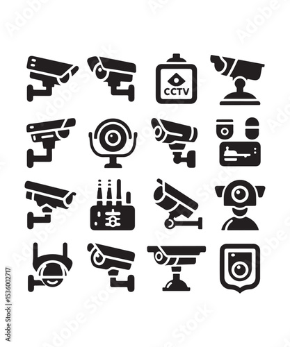 cctv icons, surveillance camera icons set silhouette vector on white background.