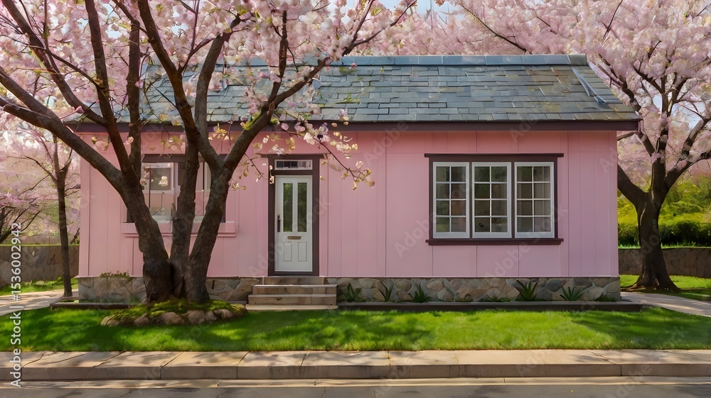 Obraz premium Pink House Under Blooming Cherry Blossom Trees. 