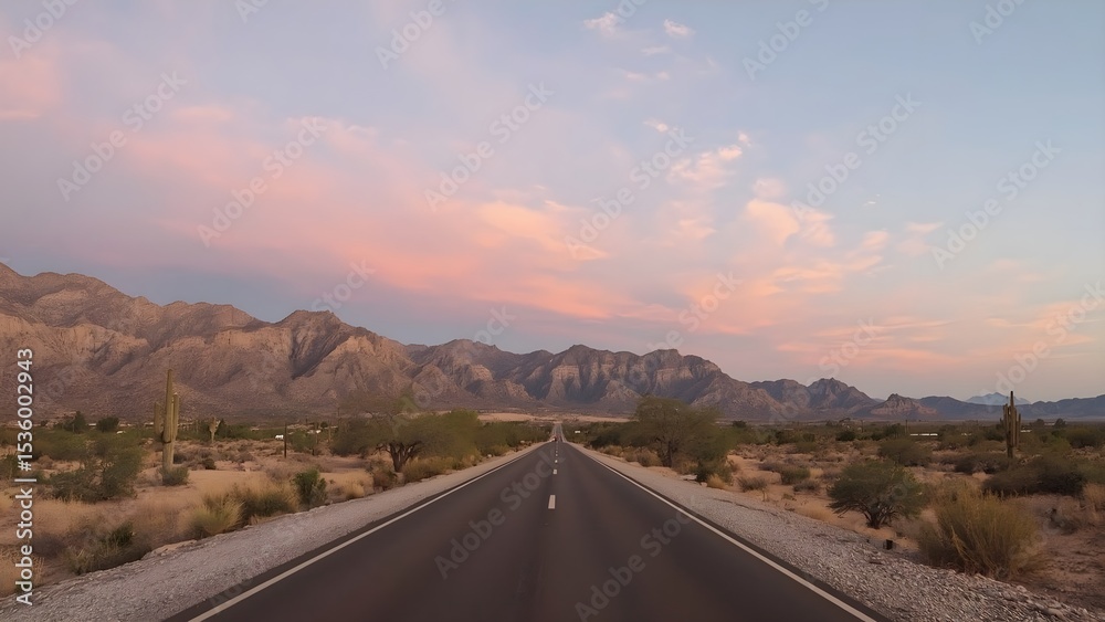 Fototapeta premium Minimalist Desert Road at Sunset with Pastel Sky and Distant Mountains. 