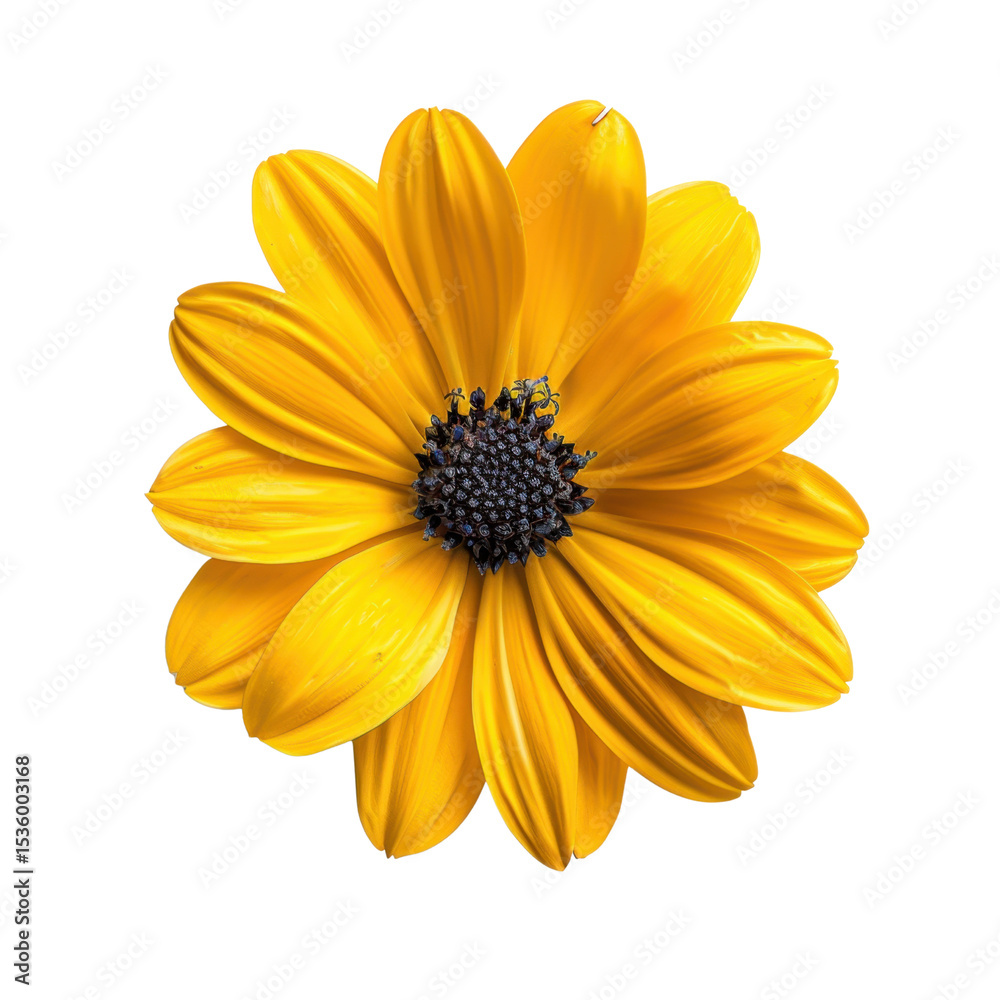 Obraz premium Vibrant yellow flower with large petals and dark center, showcasing its natural beauty and intricate details. This stunning bloom can brighten any setting and evoke feelings of joy and warmth