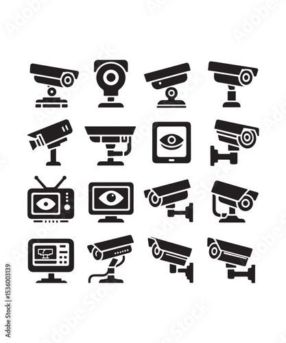 cctv icons, surveillance camera icons set silhouette vector on white background.